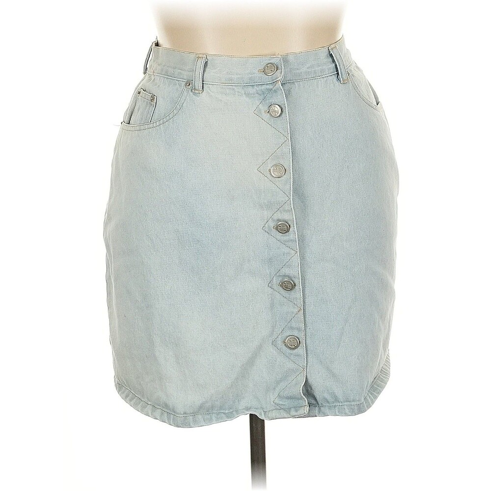 VTG No Excuses Denim Knee Skirt Pencil Jean Light Wash Button Zig Zag 90s y2k